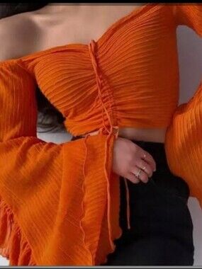Zara Orange Off-Shoulder Bell Sleeve Crop Top